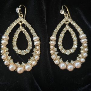 Elegant Gold and Pearl with Rhinestones Drop Earrings